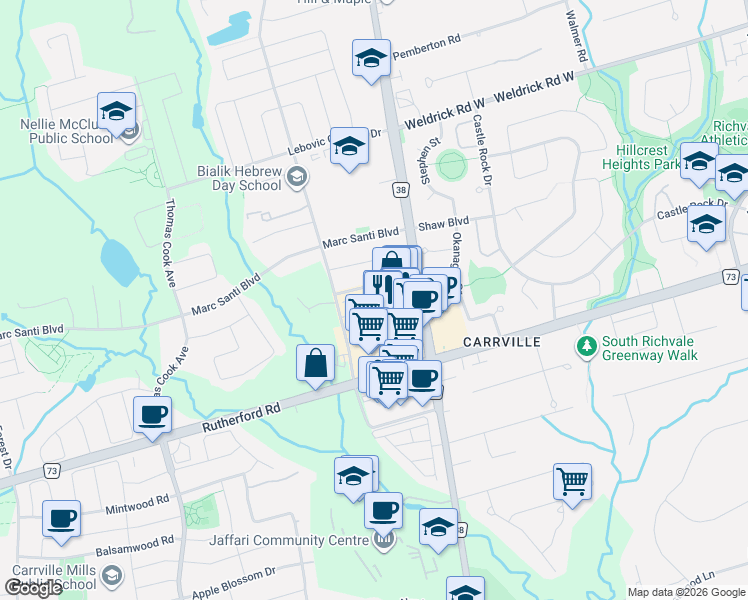 map of restaurants, bars, coffee shops, grocery stores, and more near 49 Cohen Way in Vaughan