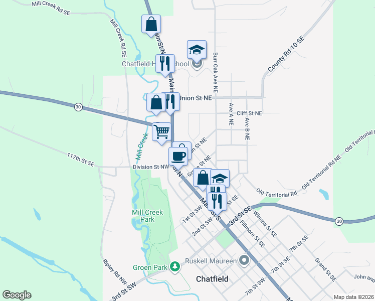 map of restaurants, bars, coffee shops, grocery stores, and more near 204 Fillmore Street Northeast in Chatfield