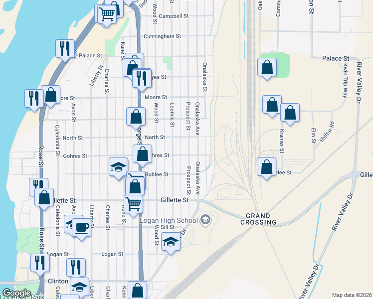 map of restaurants, bars, coffee shops, grocery stores, and more near 1811 Prospect Street in La Crosse