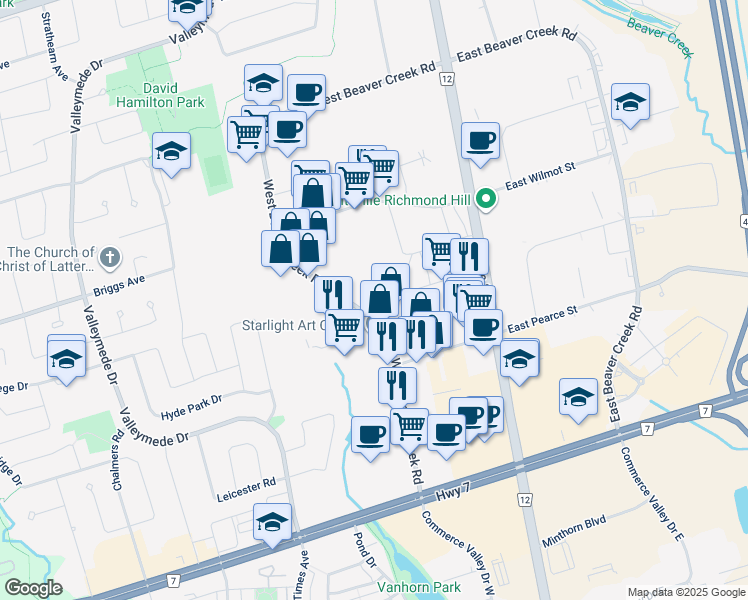 map of restaurants, bars, coffee shops, grocery stores, and more near 147 West Beaver Creek Road in Richmond Hill