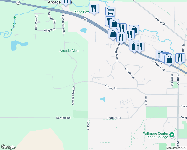 map of restaurants, bars, coffee shops, grocery stores, and more near 356 Stoney Ridge Road in Ripon
