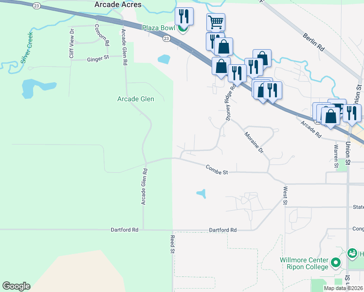 map of restaurants, bars, coffee shops, grocery stores, and more near 356 Stoney Ridge Road in Ripon