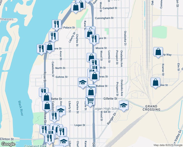 map of restaurants, bars, coffee shops, grocery stores, and more near 1111 Gohres Street in La Crosse