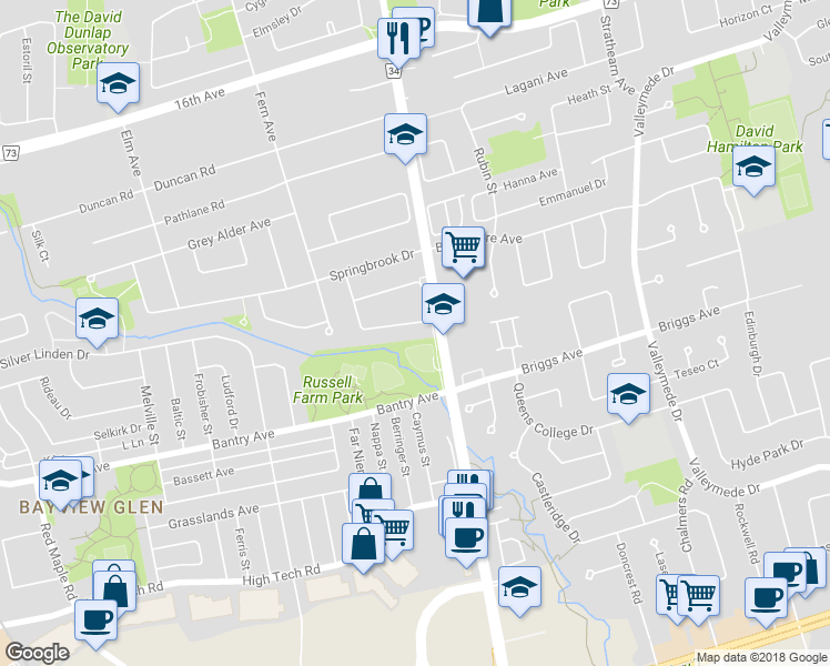 map of restaurants, bars, coffee shops, grocery stores, and more near 40 Green Ash Crescent in Richmond Hill