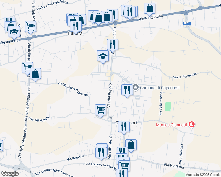 map of restaurants, bars, coffee shops, grocery stores, and more near 140 Via del Popolo in Capannori