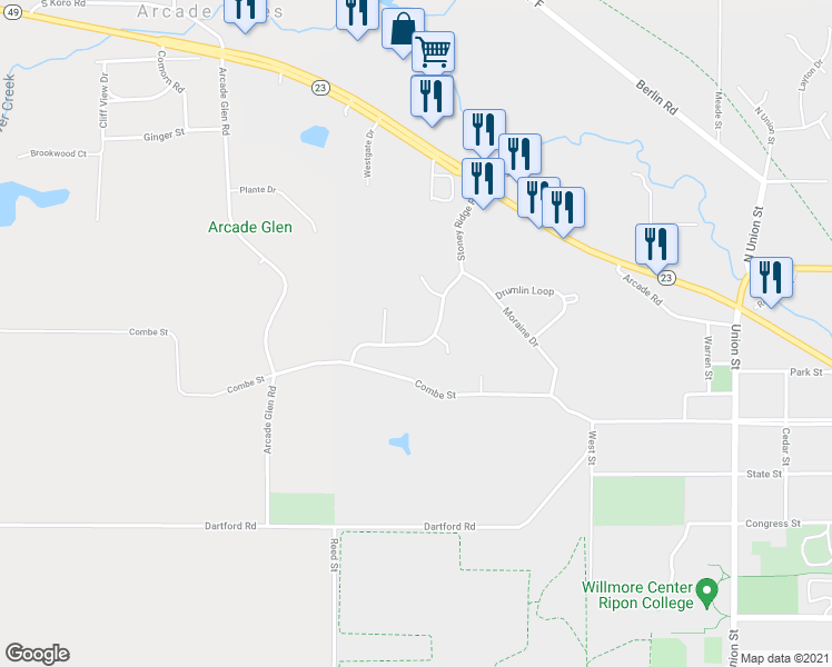 map of restaurants, bars, coffee shops, grocery stores, and more near 148 Stoney Ridge Road in Ripon