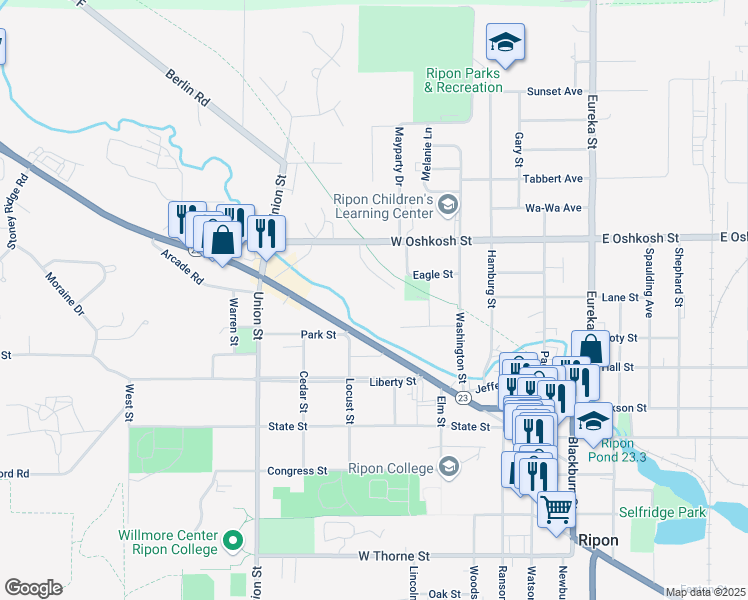 map of restaurants, bars, coffee shops, grocery stores, and more near 615 West Oshkosh Street in Ripon