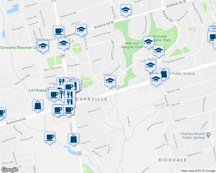 map of restaurants, bars, coffee shops, grocery stores, and more near 15 Ayr Road in Richmond Hill