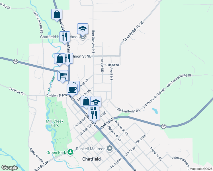 map of restaurants, bars, coffee shops, grocery stores, and more near 510 Grove Street Northeast in Chatfield
