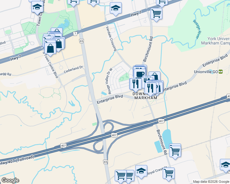 map of restaurants, bars, coffee shops, grocery stores, and more near 3 Upper Duke Crescent in Markham