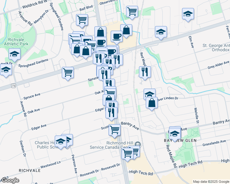 map of restaurants, bars, coffee shops, grocery stores, and more near 9 Northern Heights Drive in Richmond Hill
