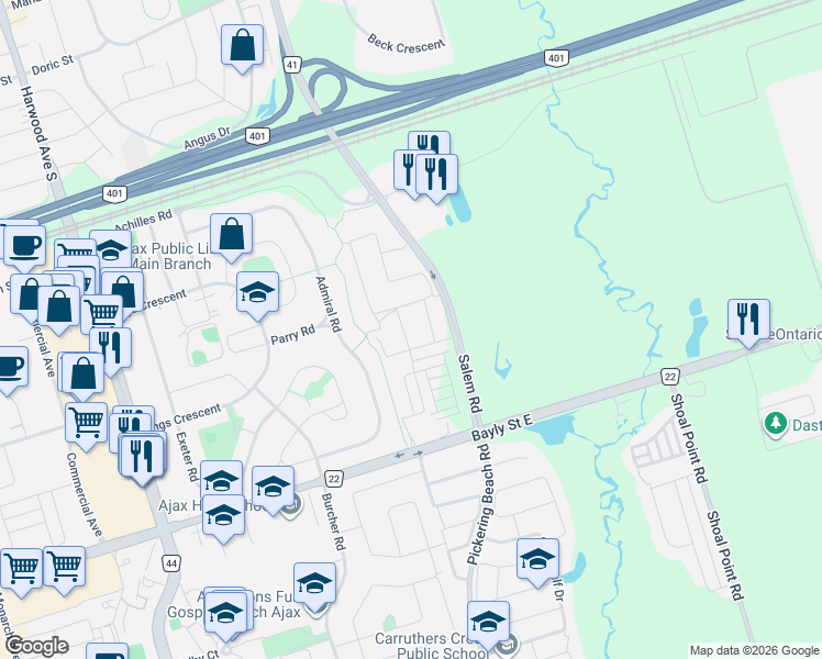 map of restaurants, bars, coffee shops, grocery stores, and more near 23 Enderly Street in Ajax