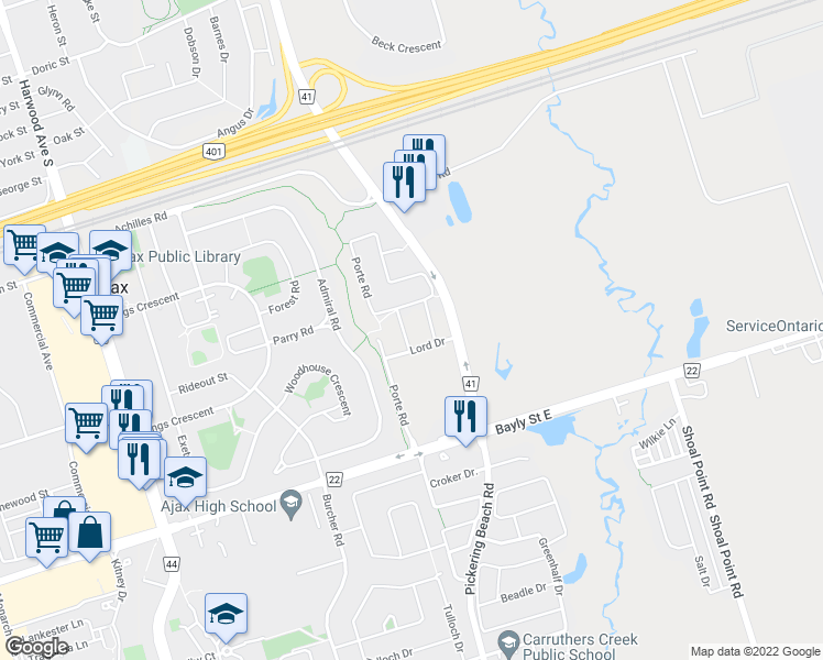 map of restaurants, bars, coffee shops, grocery stores, and more near 23 Enderly Street in Ajax