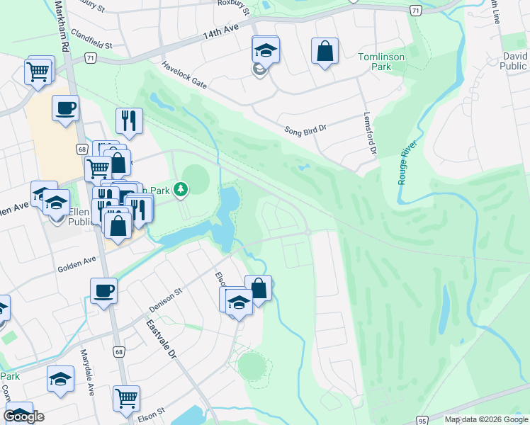 map of restaurants, bars, coffee shops, grocery stores, and more near 55 Denison Street in Markham