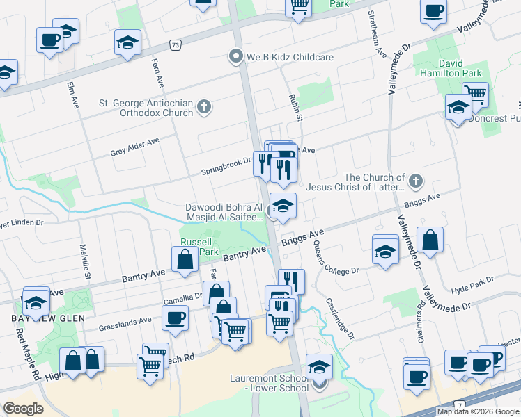 map of restaurants, bars, coffee shops, grocery stores, and more near 46 Green Ash Crescent in Richmond Hill