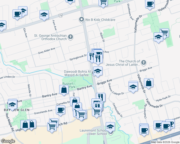 map of restaurants, bars, coffee shops, grocery stores, and more near 46 Green Ash Crescent in Richmond Hill