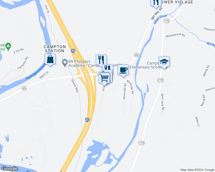map of restaurants, bars, coffee shops, grocery stores, and more near 23 Vintinner Road in Campton