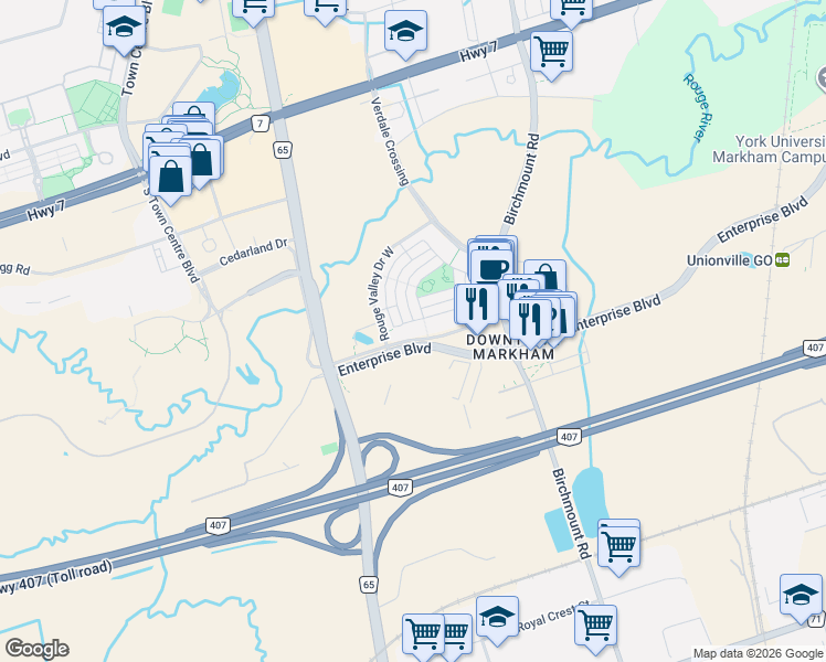 map of restaurants, bars, coffee shops, grocery stores, and more near 3 Upper Duke Crescent in Markham