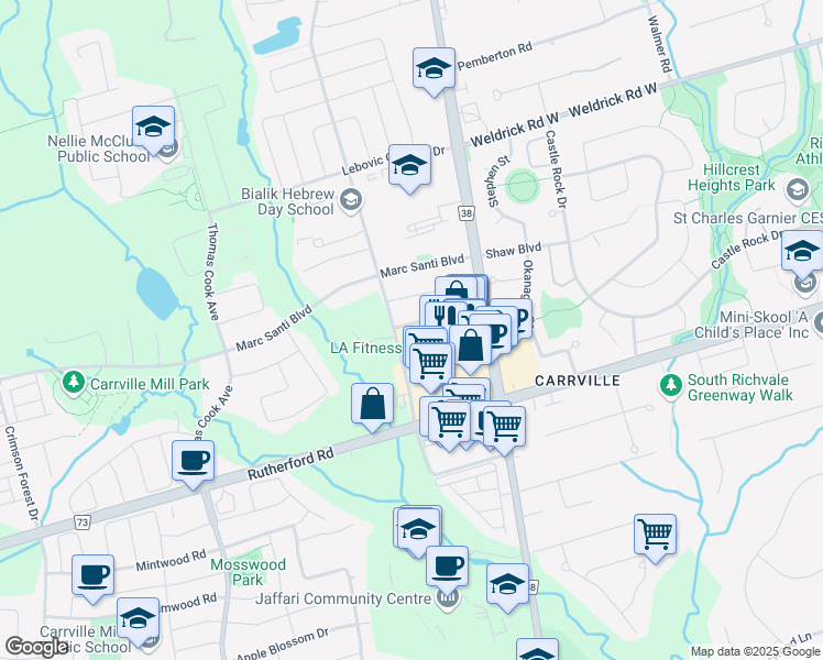 map of restaurants, bars, coffee shops, grocery stores, and more near 71 George Kirby Street in Vaughan