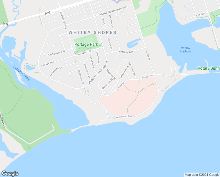 map of restaurants, bars, coffee shops, grocery stores, and more near 102 Harbourside Drive in Whitby