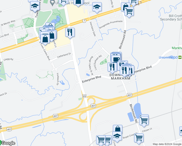 map of restaurants, bars, coffee shops, grocery stores, and more near in Markham