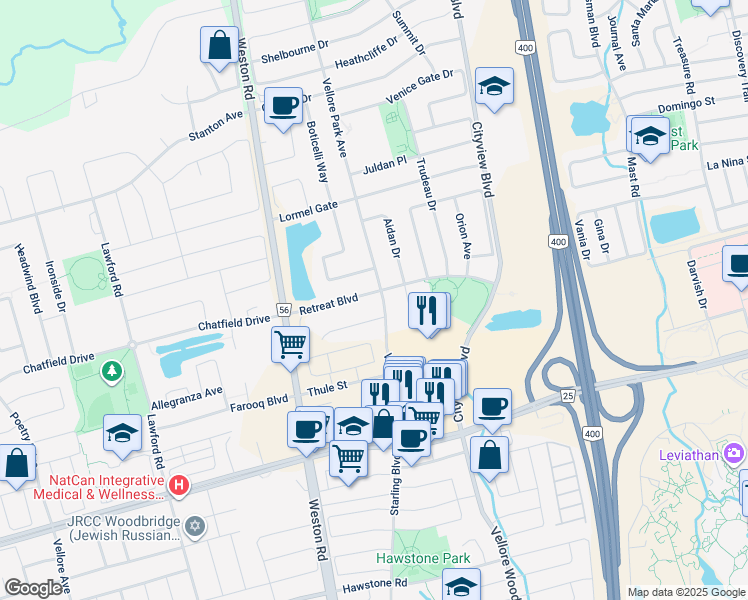 map of restaurants, bars, coffee shops, grocery stores, and more near in Vaughan