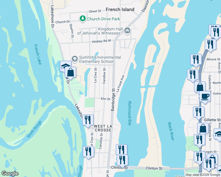map of restaurants, bars, coffee shops, grocery stores, and more near 1713 Bainbridge Street in La Crosse