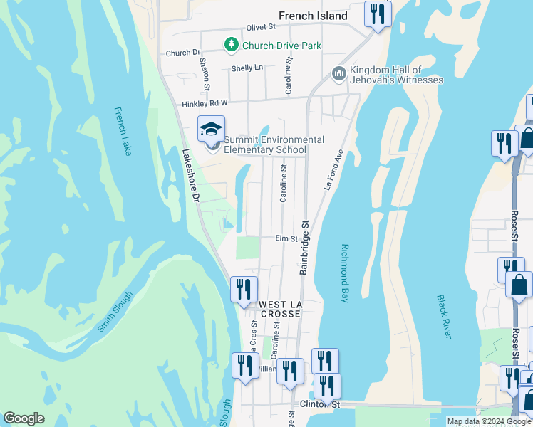map of restaurants, bars, coffee shops, grocery stores, and more near 1713 Caroline Street in La Crosse