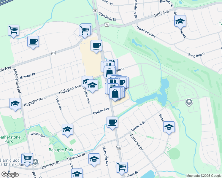 map of restaurants, bars, coffee shops, grocery stores, and more near 81 Karachi Drive in Markham