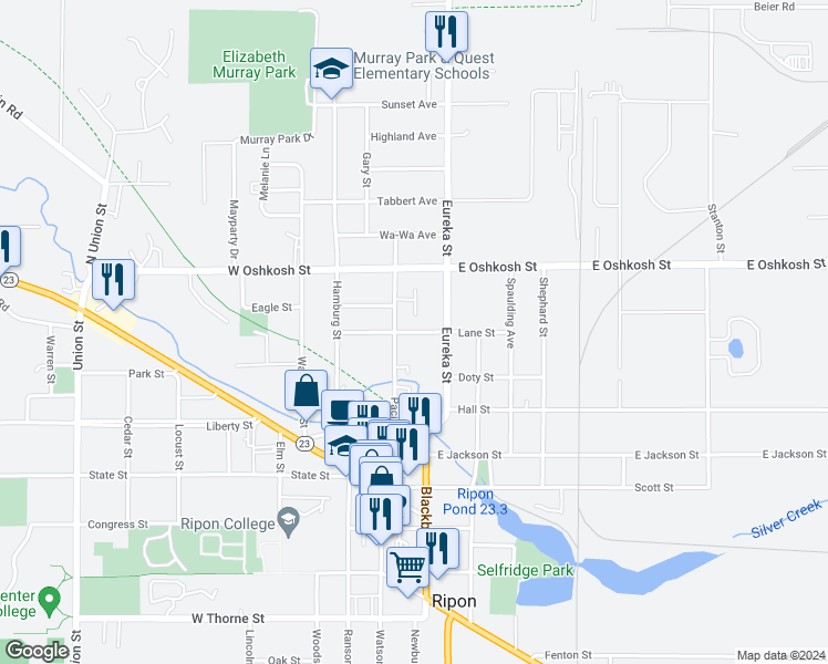 map of restaurants, bars, coffee shops, grocery stores, and more near Lane Street in Ripon