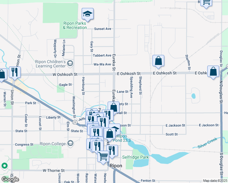 map of restaurants, bars, coffee shops, grocery stores, and more near Lane Street in Ripon