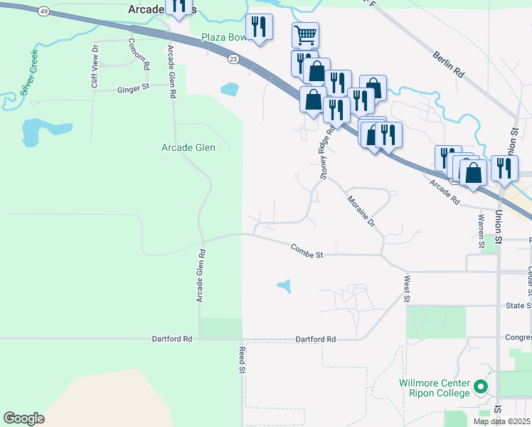 map of restaurants, bars, coffee shops, grocery stores, and more near 356 Stoney Ridge Road in Ripon