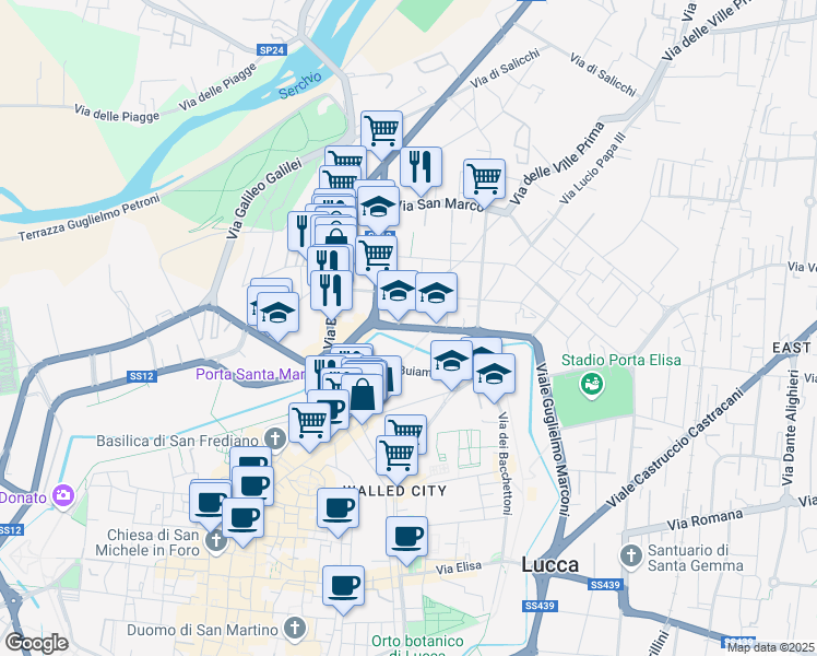 map of restaurants, bars, coffee shops, grocery stores, and more near Via Vecchia San Marco in Lucca