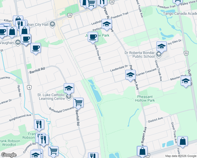 map of restaurants, bars, coffee shops, grocery stores, and more near 116 Mahogany Forest Drive in Vaughan