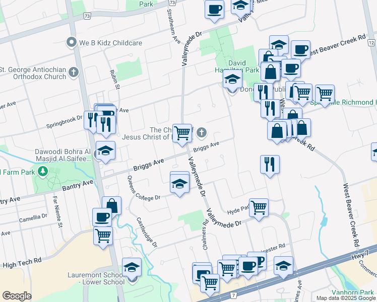 map of restaurants, bars, coffee shops, grocery stores, and more near 196 Valleymede Drive in Richmond Hill
