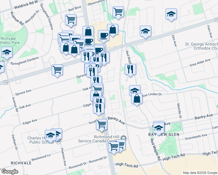 map of restaurants, bars, coffee shops, grocery stores, and more near 19 Northern Heights Drive in Richmond Hill
