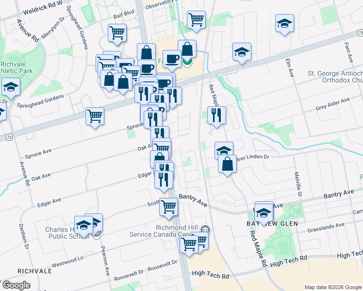 map of restaurants, bars, coffee shops, grocery stores, and more near 19 Northern Heights Drive in Richmond Hill