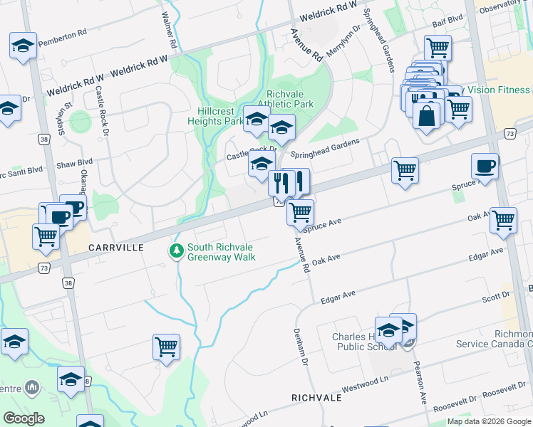 map of restaurants, bars, coffee shops, grocery stores, and more near 62 Avenue Road in Richmond Hill
