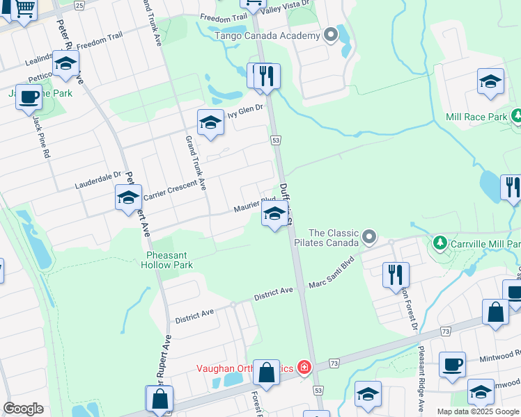 map of restaurants, bars, coffee shops, grocery stores, and more near 31 Maurier Boulevard in Vaughan