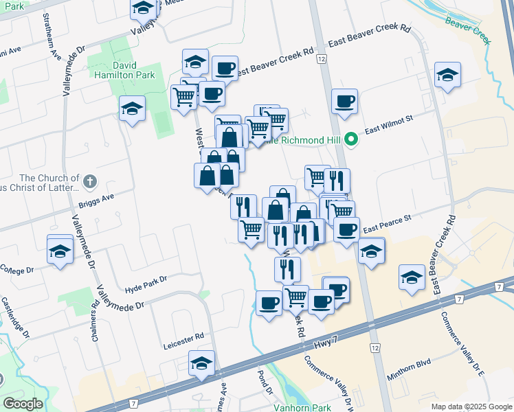 map of restaurants, bars, coffee shops, grocery stores, and more near 145 West Beaver Creek Road in Richmond Hill