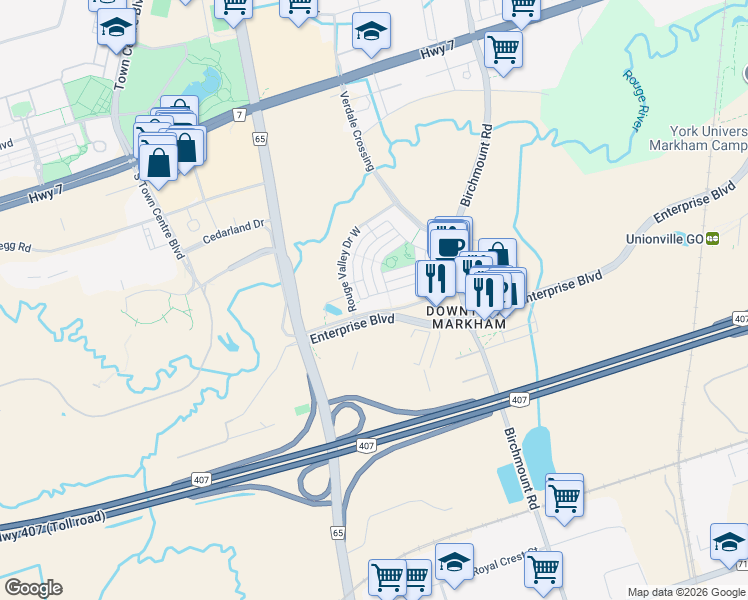 map of restaurants, bars, coffee shops, grocery stores, and more near 1 Upper Duke Crescent in Markham