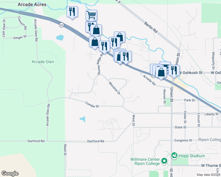 map of restaurants, bars, coffee shops, grocery stores, and more near 266 Moraine Drive in Ripon