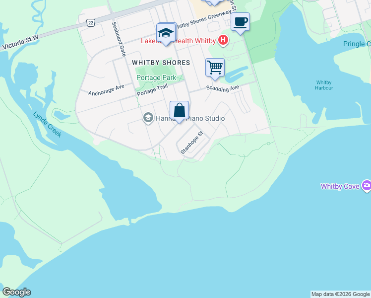 map of restaurants, bars, coffee shops, grocery stores, and more near Stanhope Street in Whitby