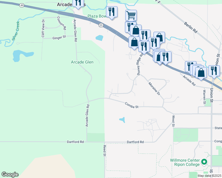 map of restaurants, bars, coffee shops, grocery stores, and more near 356 Stoney Ridge Road in Ripon