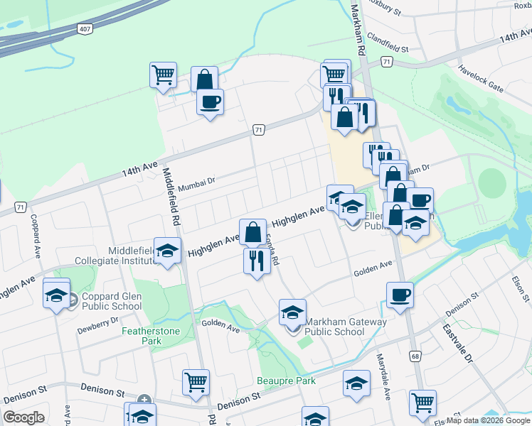 map of restaurants, bars, coffee shops, grocery stores, and more near 75 Jinnah Avenue in Markham