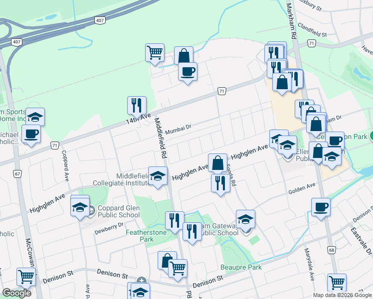 map of restaurants, bars, coffee shops, grocery stores, and more near 6 Joelco Drive in Markham