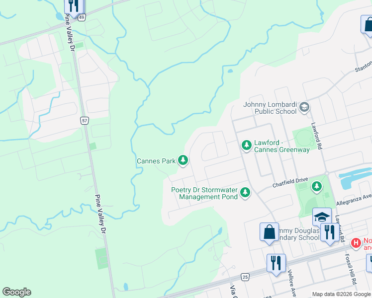 map of restaurants, bars, coffee shops, grocery stores, and more near 6 Orwell Drive in Vaughan