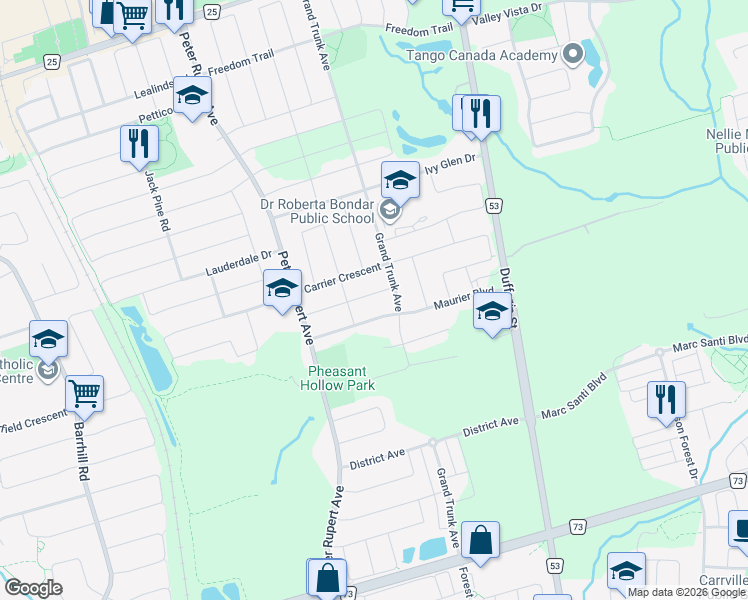 map of restaurants, bars, coffee shops, grocery stores, and more near 23 Pullman Road in Vaughan