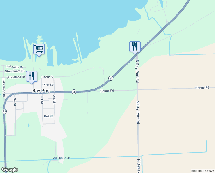 map of restaurants, bars, coffee shops, grocery stores, and more near 9500-9598 Henne Road in Bay Port