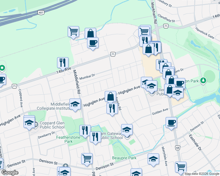map of restaurants, bars, coffee shops, grocery stores, and more near 75 Jinnah Avenue in Markham